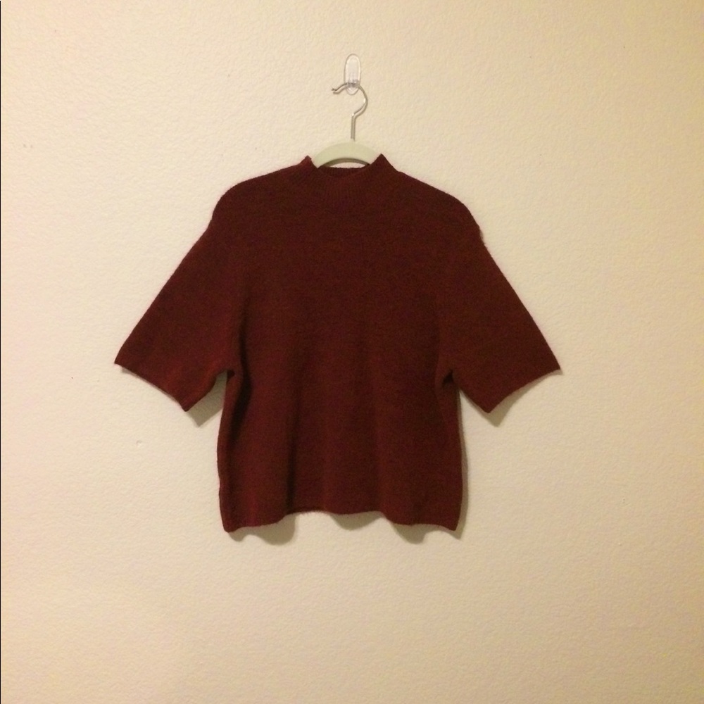 Loft Maroon Short-Sleeve Mock Neck Sweater