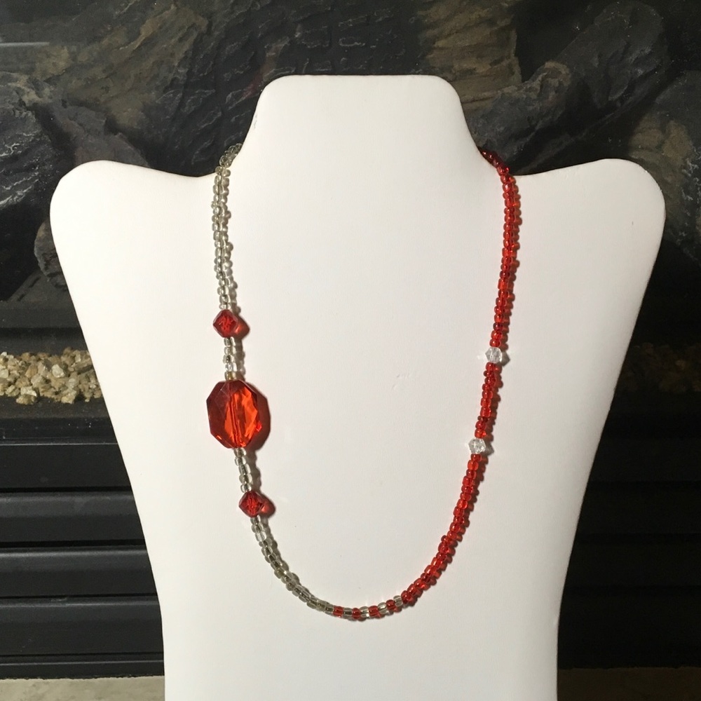 Hand made toggle necklace in reds and clears