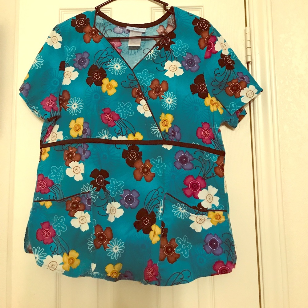 Turquoise Floral Scrub Top