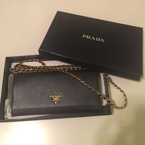 Prada Saffiano Leather Wallet with Gold Chain