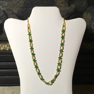 Hand made beaded necklace in green and cream
