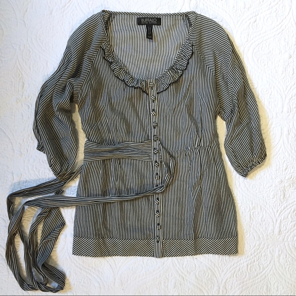 Buffalo fine striped scoop neck waist wrap blouse