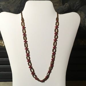 Hand made beaded toggle necklace brown & maroon