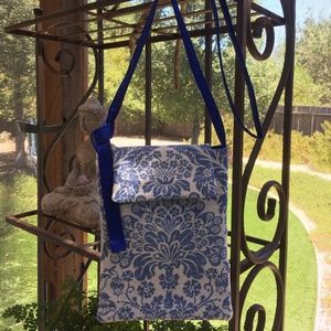 Blue and white Cross body purse, up cycled purse