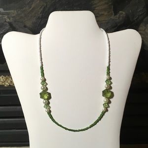 Hand made toggle necklace in greens & whites