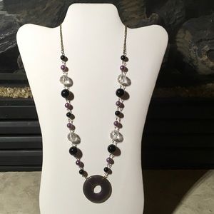 Hand made black, purple & clear necklace