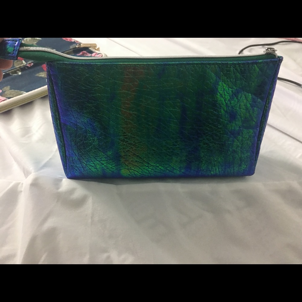 Green and blue iridescent cosmetic pouch