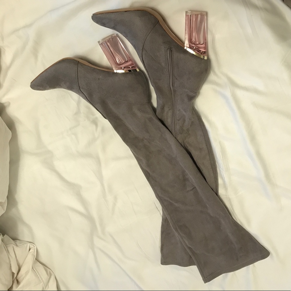 OTK grey suede and OTK blue velvet boots