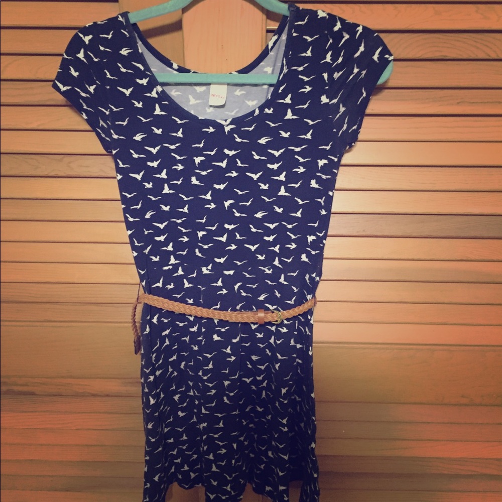 BONGO Navy Blue Dress White Bird Print And Belt