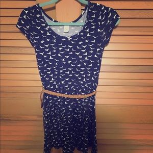 BONGO Navy Blue Dress White Bird Print And Belt