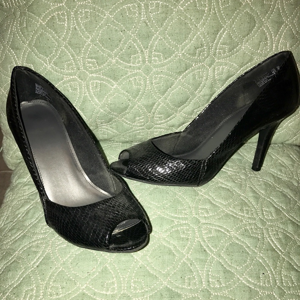 Black Snake-skin, open-toed heels