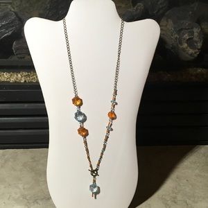 Hand made toggle necklace in orange & blue