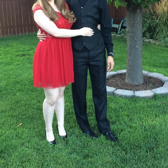 Red Sequin Homecoming Dress with mesh cut outs - Picture 2 of 3