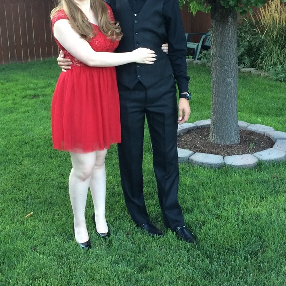 Red Sequin Homecoming Dress with mesh cut outs - Picture 3 of 3