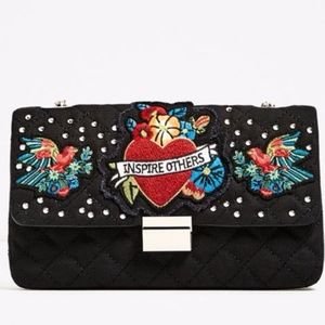 Embroidered Flap Leather Shoulder Bag