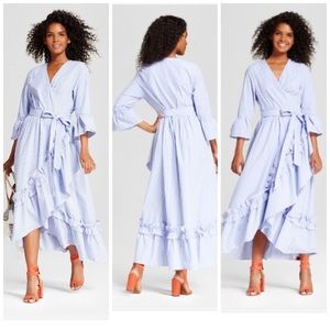 WWW ruffle wrap dress blue stripe M NWT