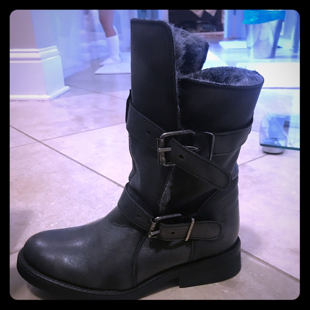 Gray distressed Moto boots