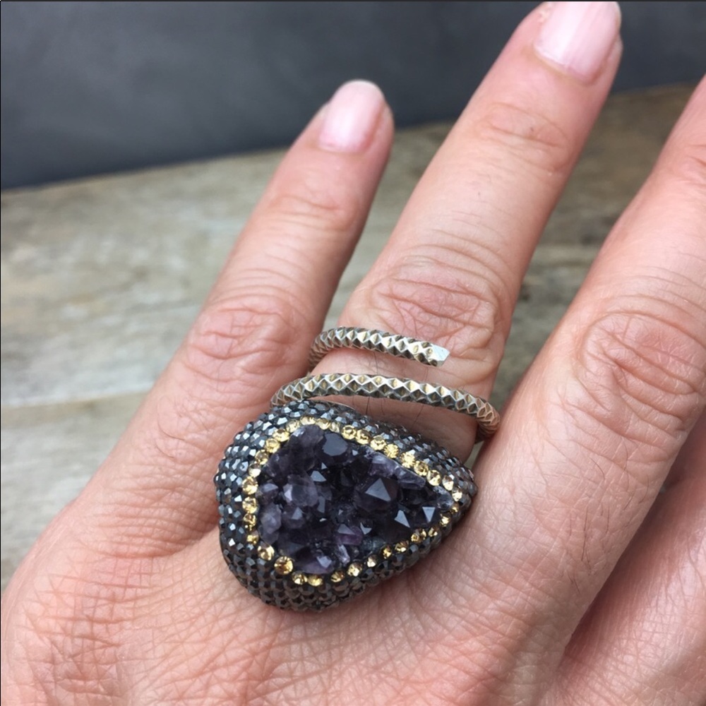 Amethyst Druzy pave adjustable ring in silver - Picture 6 of 8