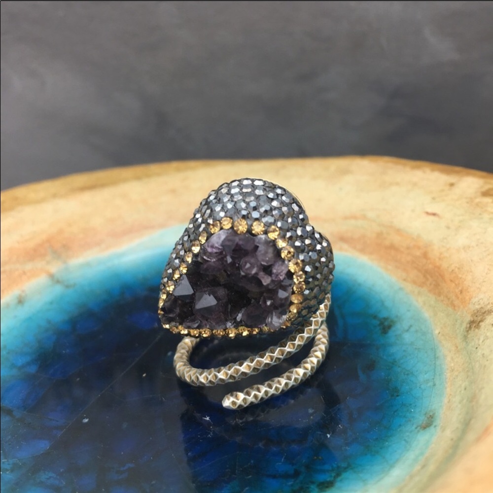 Amethyst Druzy pave adjustable ring in silver - Picture 8 of 8
