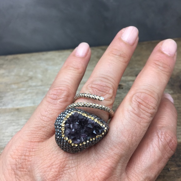 Amethyst Druzy pave adjustable ring in silver - Picture 3 of 8