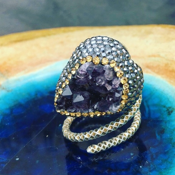 Amethyst Druzy pave adjustable ring in silver - Picture 2 of 8