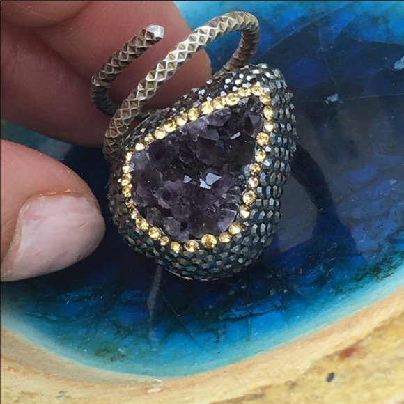 Amethyst Druzy pave adjustable ring in silver - Picture 4 of 8