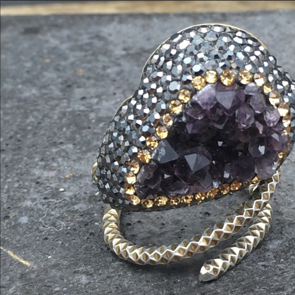 Amethyst Druzy pave adjustable ring in silver - Picture 5 of 8