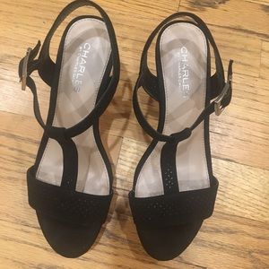 Black wedge sandal with a cork heel and platform