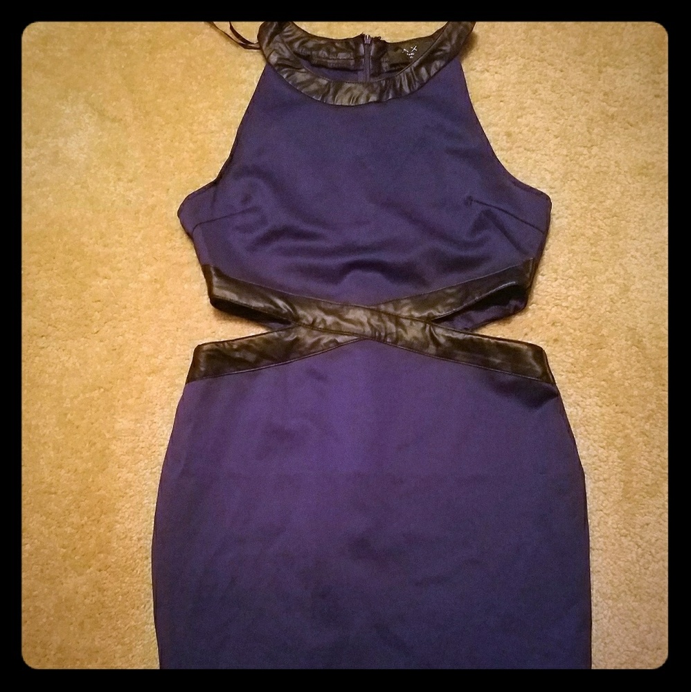 Blue midi dress with faux leather cutout detail