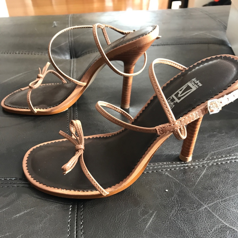 Tan strappy open-toe heels with bow detail (NWOT)