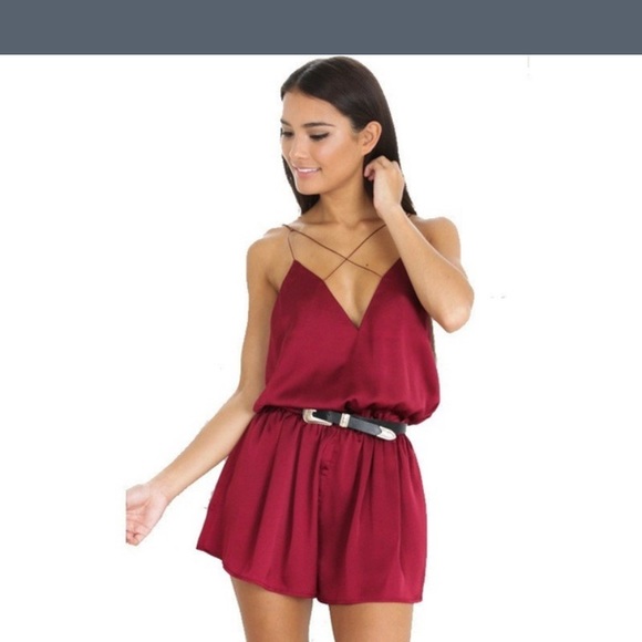 1 LEFT! NWT silky strappy wine red floral romper - Picture 2 of 5
