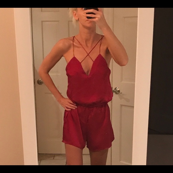 1 LEFT! NWT silky strappy wine red floral romper - Picture 3 of 5