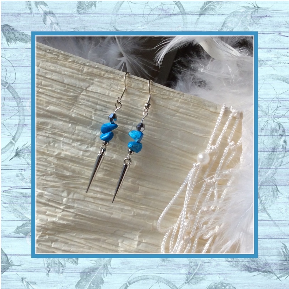 🌸 New Silver w. blue rock dangle earrings spikes