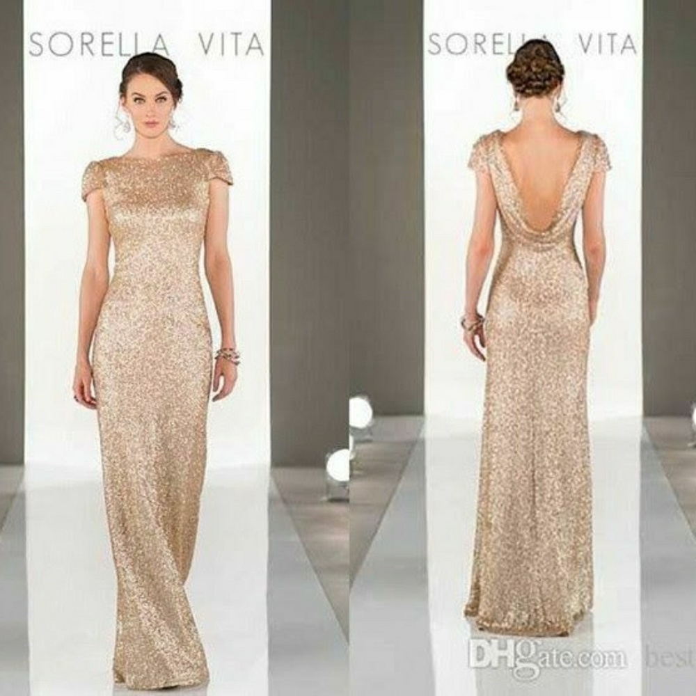 rose-gold sequined open back floor length dress