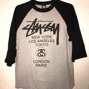 Stussy Grey and Black Baseball Tee Size M