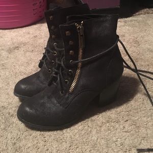 Maurices black lace up bootie heels, size 7