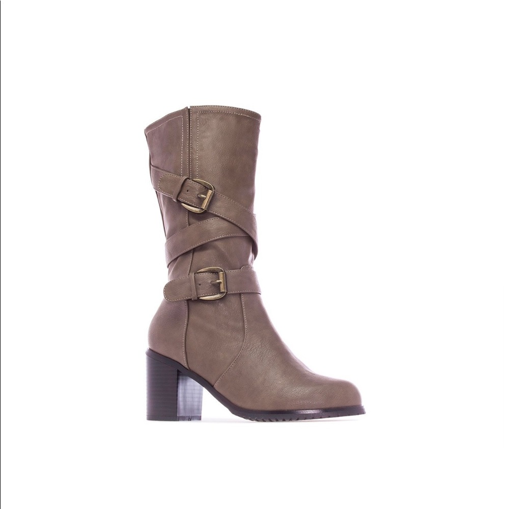 Gray Low Chunky Heel Mid Calf Boots