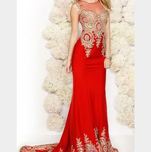 Red dress with train and Lace applique