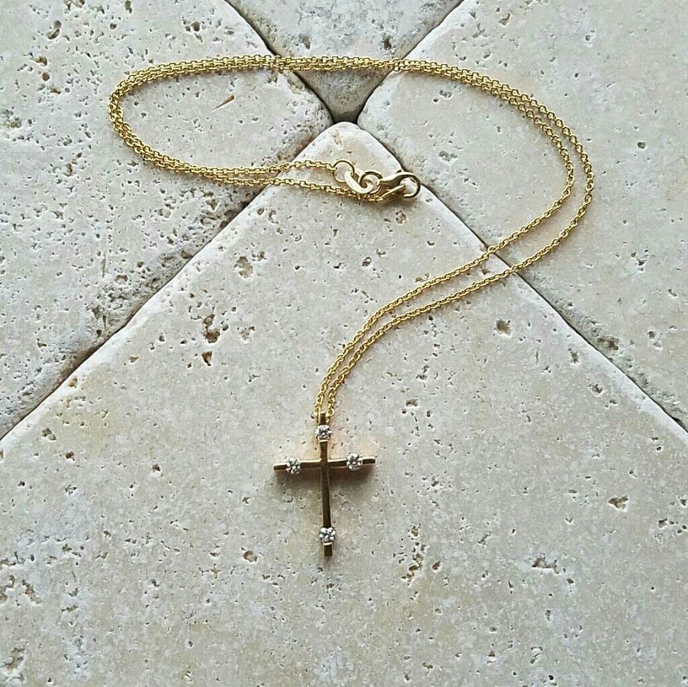 14k Yellow Gold Diamond Cross Necklace