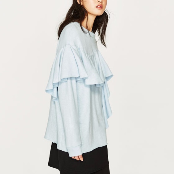 Zara Frilled Sweatshirt Sky Blue S - Picture 4 of 8