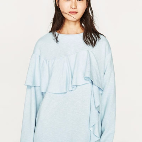 Zara Frilled Sweatshirt Sky Blue S - Picture 1 of 8