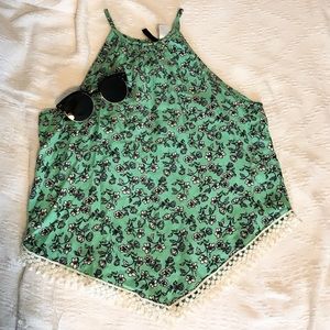 Floral halter tank with crochet detail