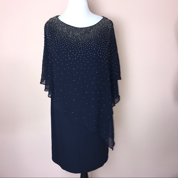 Xscape Dress Size 14W Navy Beaded Cold Shoulder - Picture 2 of 7