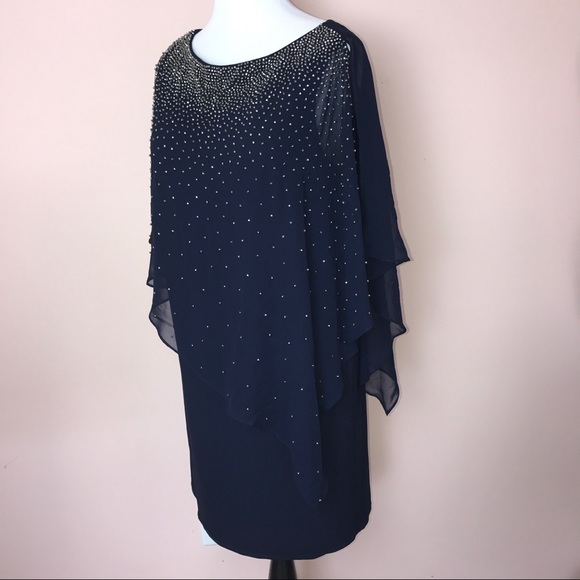 Xscape Dress Size 14W Navy Beaded Cold Shoulder - Picture 4 of 7