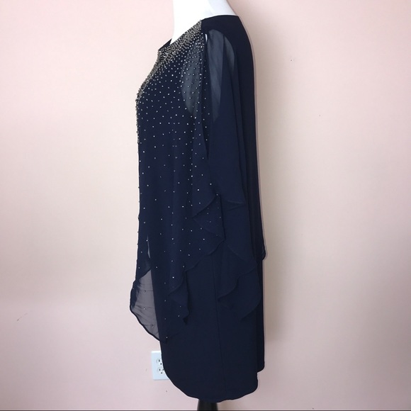 Xscape Dress Size 14W Navy Beaded Cold Shoulder - Picture 5 of 7