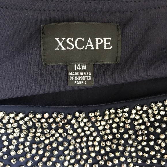 Xscape Dress Size 14W Navy Beaded Cold Shoulder - Picture 7 of 7