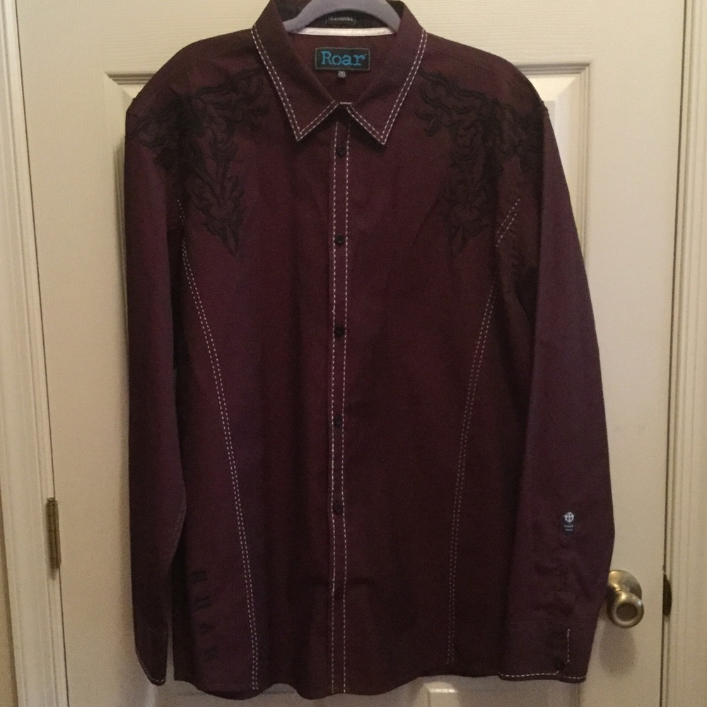 Men's maroon dress shirt with black embroidery
