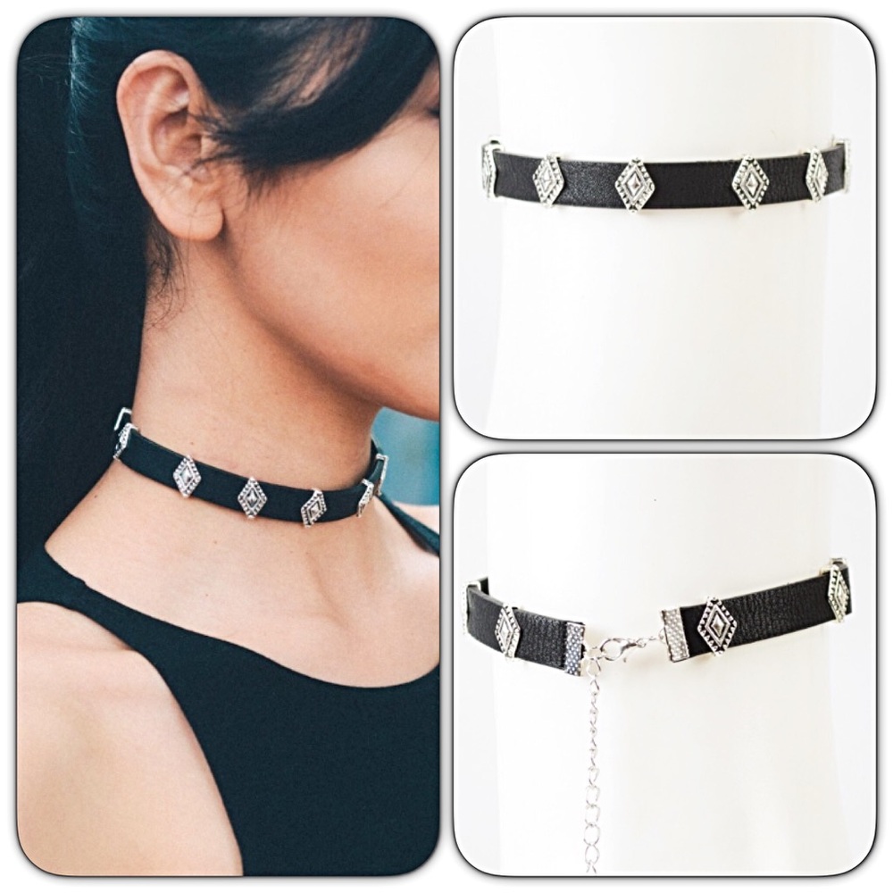 Black Silver Charm Faux Leather Choker Adjustable - Picture 2 of 3