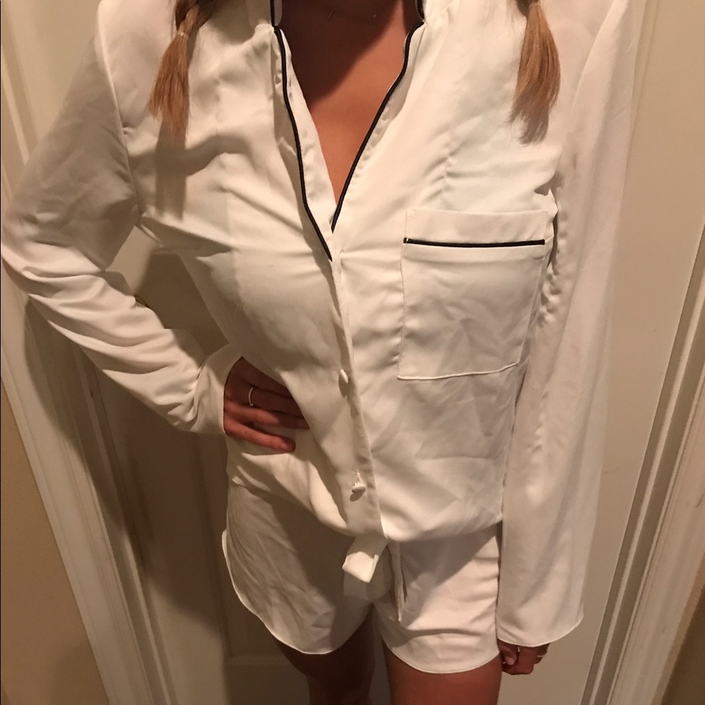 White pajamas with navy piping