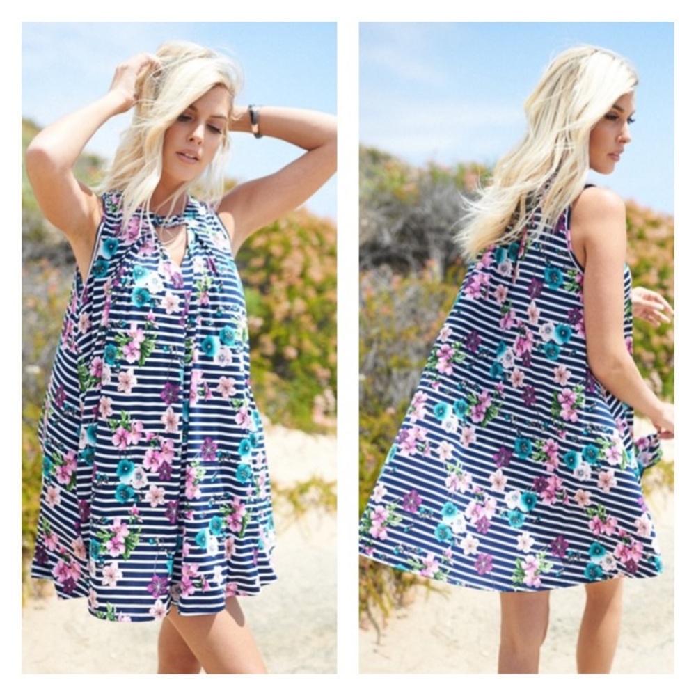 Navy Striped Floral Print Tank Dress w/ Keyhole - Picture 4 of 5